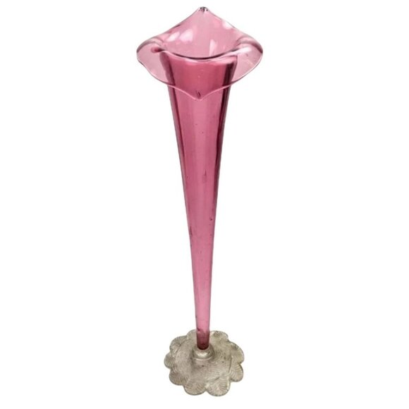 Vintage HUGE Jack In The Pulpit Vase Pink 22" Tall Clear Base Hand Crafted MCM - Picture 1 of 11